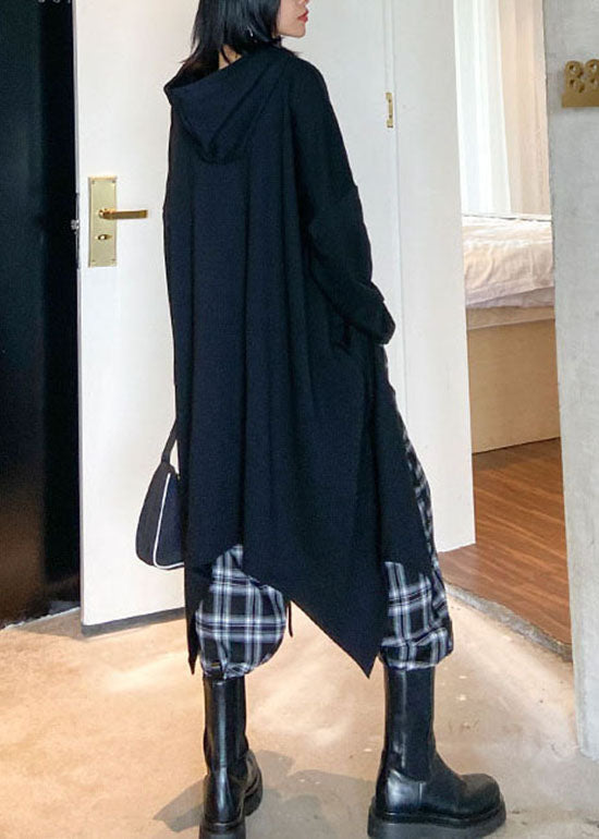 Handgemachte schwarze Kapuze Kordelzug asymmetrisches Design Sweatshirts Top Frühling