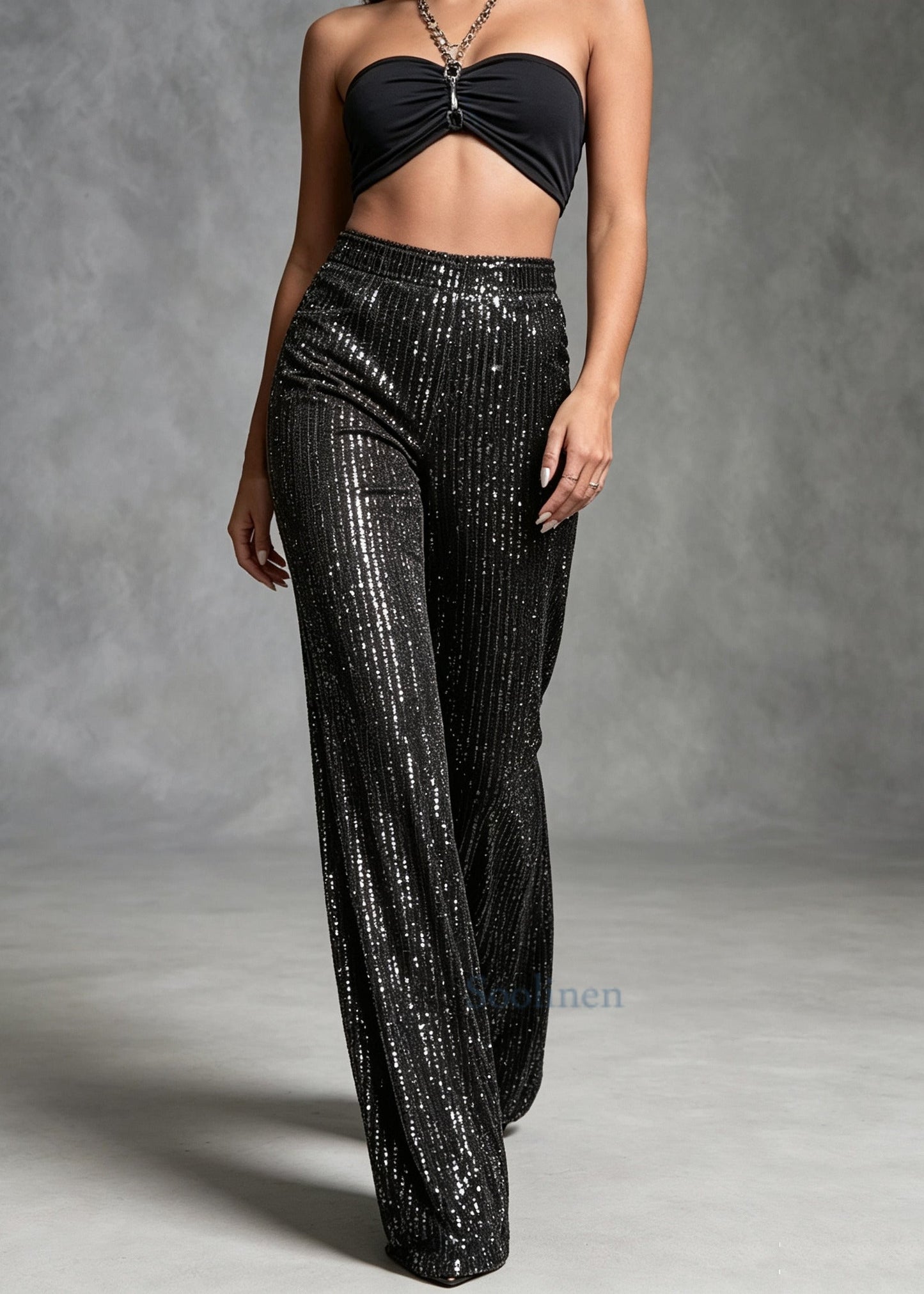 Handmade Black Sequins High Waist Cotton Pants Trousers Summer