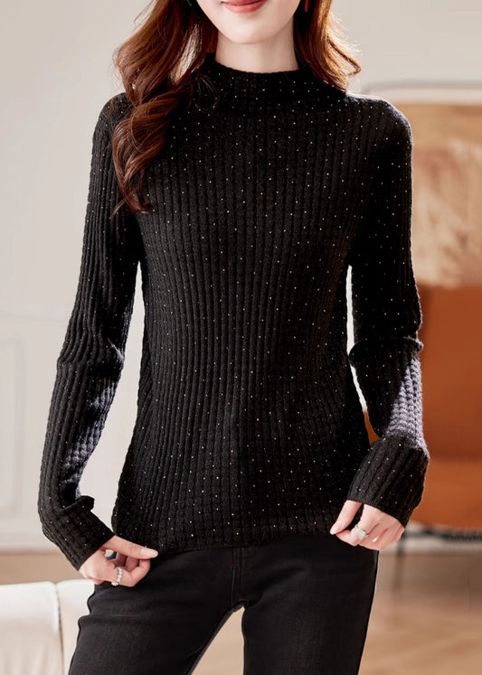 Handmade Black Turtleneck Zircon Knit Sweater Winter