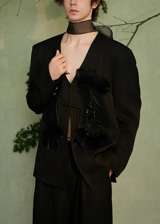 Handmade Black V Neck Chinese Button Sequins Spandex Men Coat Spring