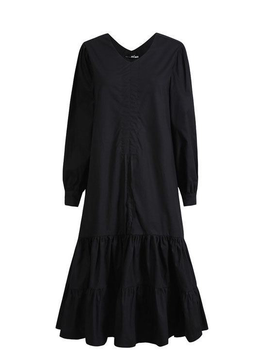 Handgemachte schwarze V-Ausschnitt Patchwork Rüschen Kordelzug Herbst Maxi Kleider Langarm