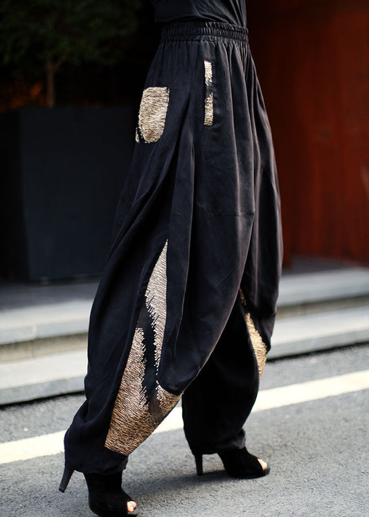 Handgemachte schwarze elastische Taille Patchwork Hose Frühling