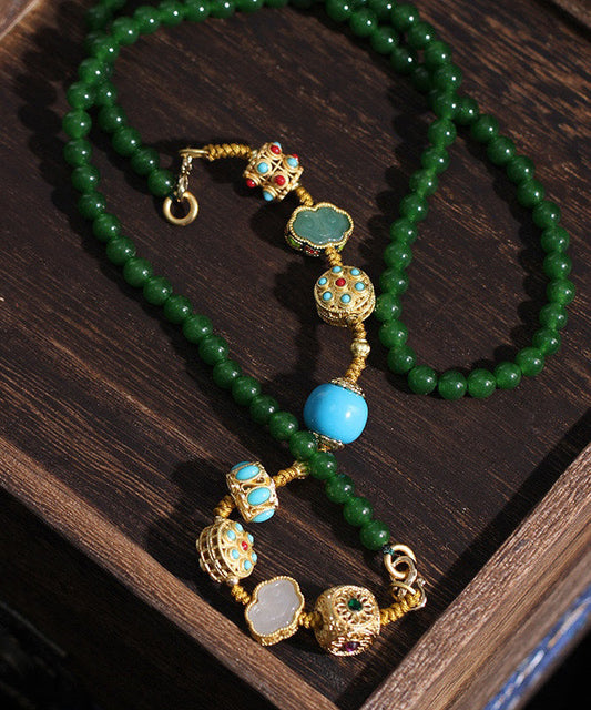 Collar con colgante de cuentas de ágata turquesa y jade dorado en plata de ley verde negruzca, hecho a mano