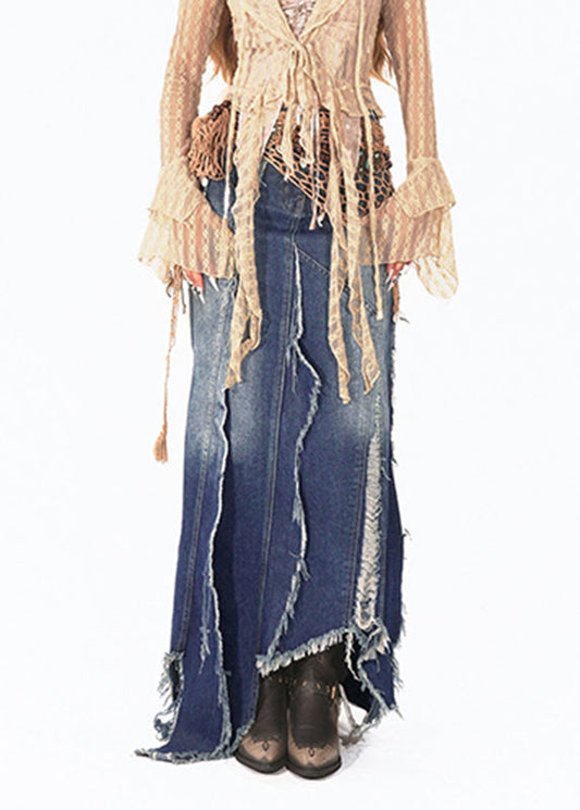 Handmade Blue Asymmetrical Patchwork Tassel Denim Maxi Skirts