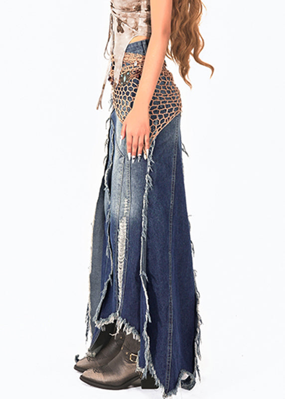 Handmade Blue Asymmetrical Patchwork Tassel Denim Maxi Skirts