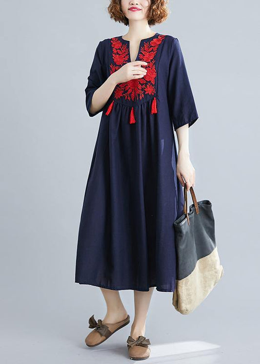 Handmade Blue Clothes Women V Neck Tassel Spring Linen Dresses - SooLinen