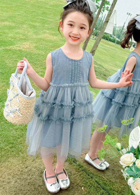 Handmade Blue Denim Patchwork Tulle Girls Long Dresses Summer