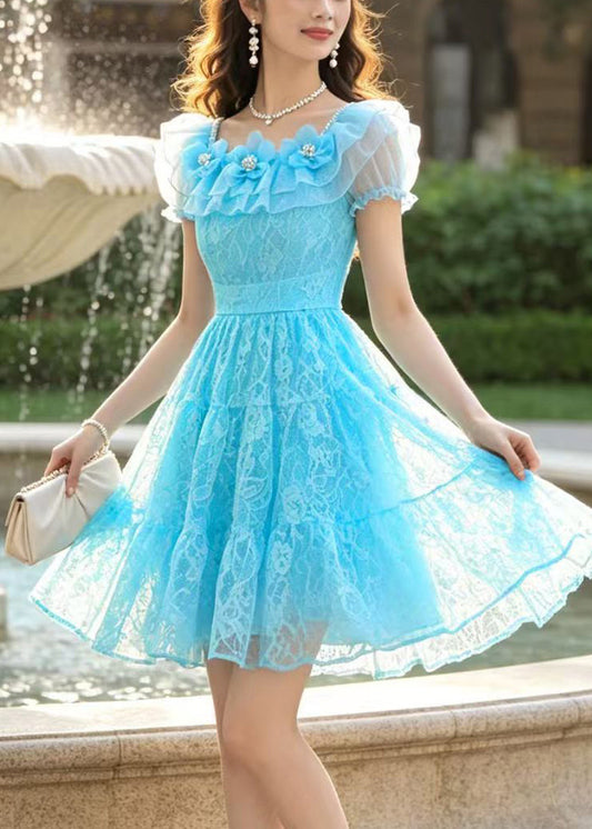 Handmade Blue Floral Lace Mini Dresses Summer