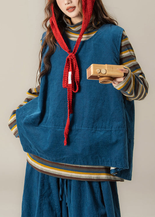 Handgefertigtes blaues Cord-Set mit Rundhalsausschnitt, bestehend aus Weste, T-Shirt und Hose, 3-teilig, für Damen, Frühling