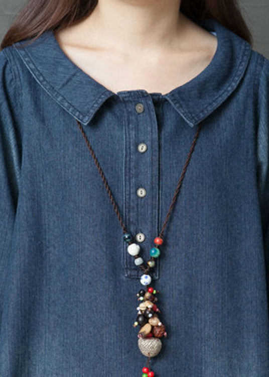 Handgemachte blaue PeterPan Kragentaschen Patchwork Herbst Denim Langarmkleider