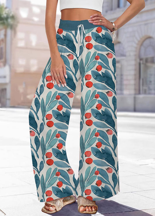 Handmade Blue Print Elastic Waist Wide Leg Pants Summer