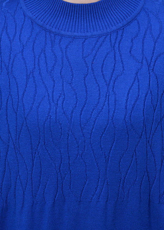 Handgemachte blaue Stehkragen Slim Fit stricken lange Kleider Frühling