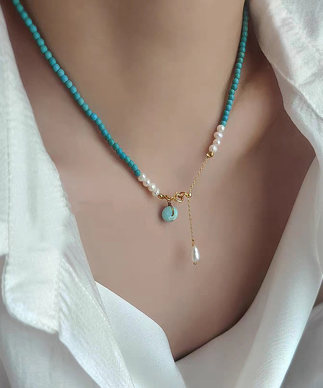 Handmade Blue Sterling Silver Overgild Turquoise Pearl Lariat Necklace