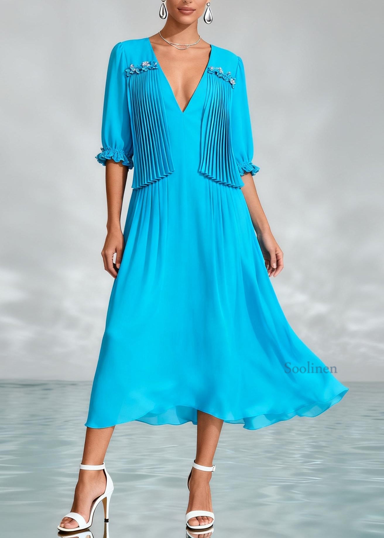 Handmade Blue V Neck Wrinkled Patchwork Chiffon Dress Summer