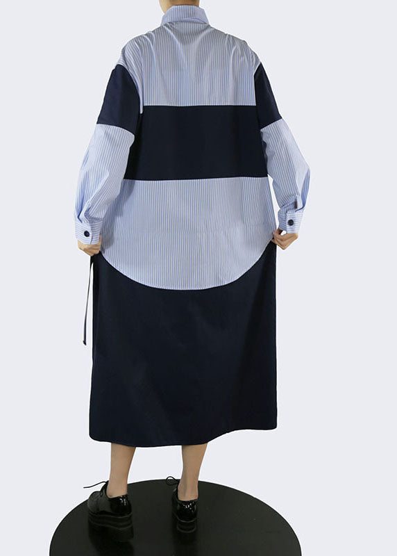 Handgemachte blaue Taschen Peter Pan Kragen gestreift Patchwork Hemd Kleider Frühling