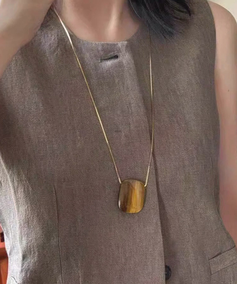 Handmade Brown Alloy Square Tiger's Eye Pendant Necklace