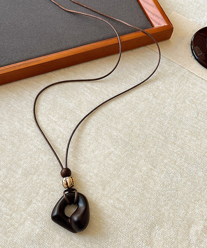 Handmade Brown Leather Patchwork Wooden Hollow Out Pendant Necklace