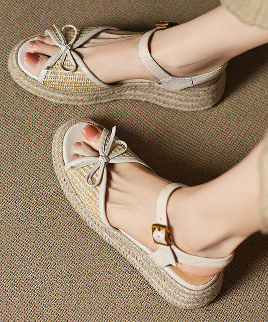 Handmade Brown Sandals Splicing Bow Wedge Sandals