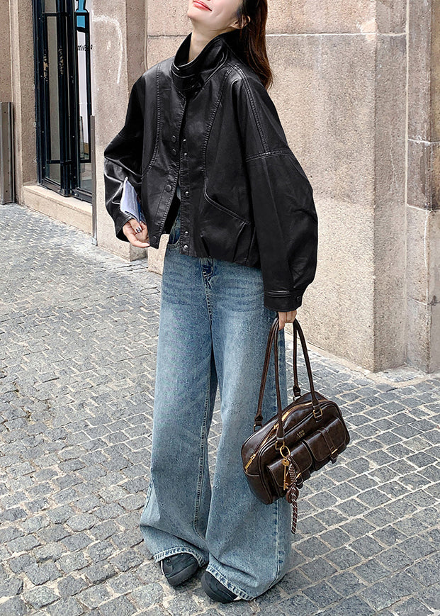 Handgefertigte, braune, übergroße Kunstledermäntel mit Stehkragen für den Frühling