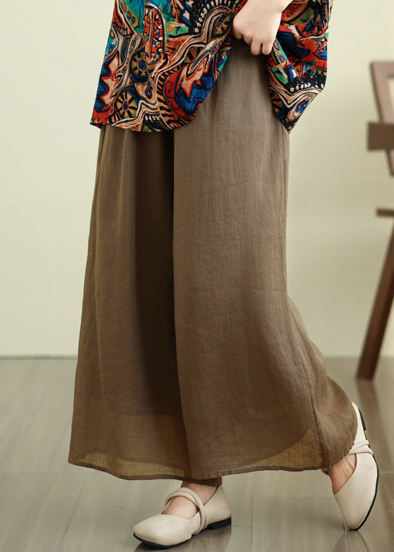 Handmade Camel Patchwork Double Layer Silk Linen Crop Wide Leg Pants
