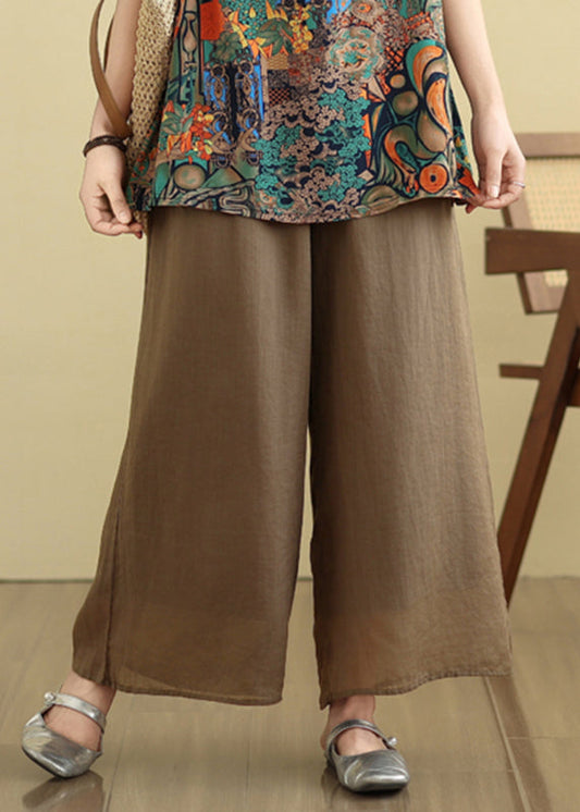 Handmade Camel Patchwork Double Layer Silk Linen Crop Wide Leg Pants
