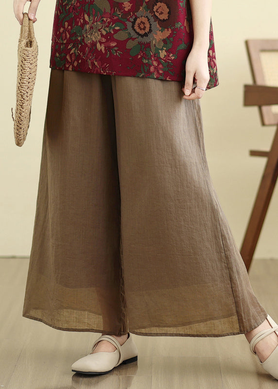 Handmade Camel Patchwork Double Layer Silk Linen Crop Wide Leg Pants