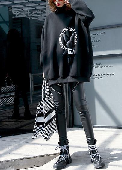 Handmade Cartoon animal decorated cotton high neck Tunic pattern black prints blouse - SooLinen