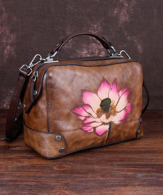 Handgemachte Handtasche aus Kalbsleder mit Schokoladenblumenmuster