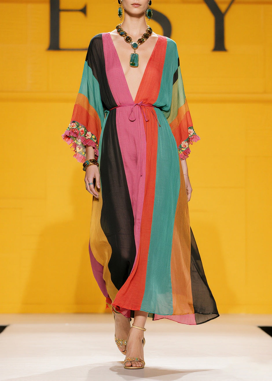 Handmade Colorblock Ruffled Striped Silk Cotton Holiday Dress Summer