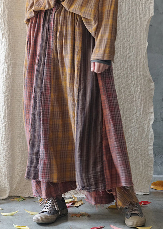 Handgemachte Colorblock elastische Taille Plaid Patchwork Baumwolle Rock Frühling