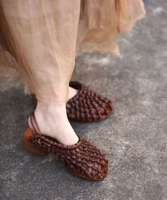 Handmade Comfy Beige Hollow Out Cowhide Leather Chunky Sandals