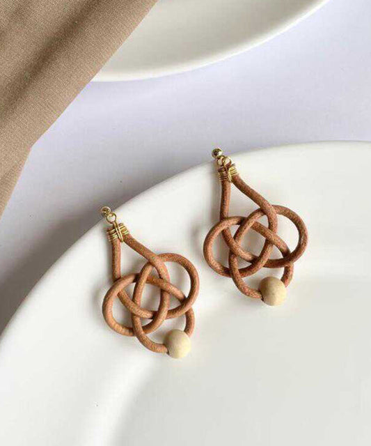 Handmade Copper Overgild Cowhide Chinese Knot Weaving Drop Earrings