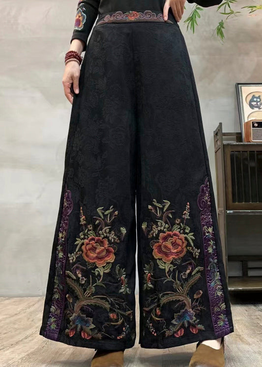 Handmade Dark Green Embroidered Jacquard Cotton Pants Spring