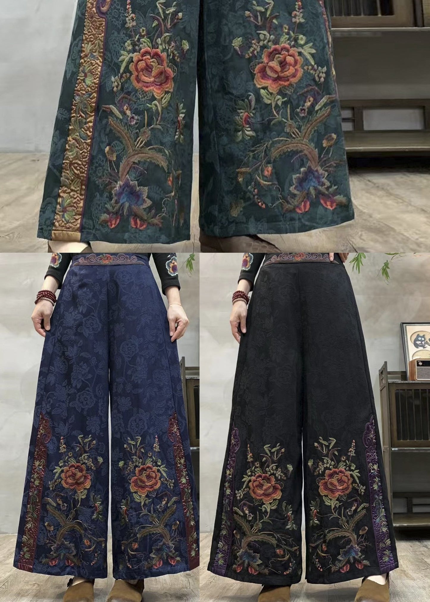 Handgefertigte dunkelgrüne, bestickte Jacquard-Baumwollhose für den Frühling