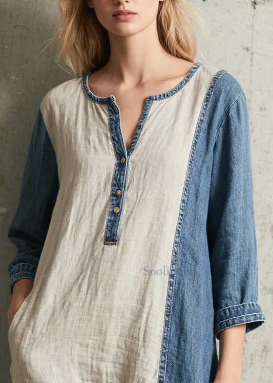 Handgefertigte, denimblaue Oversize-Patchworkkleider aus Baumwolle mit Armbandärmeln