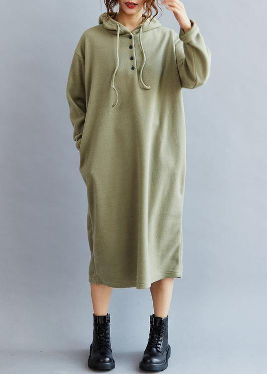 Handmade Drawstring Hooded cotton Spring Dresses Green long Dress - SooLinen