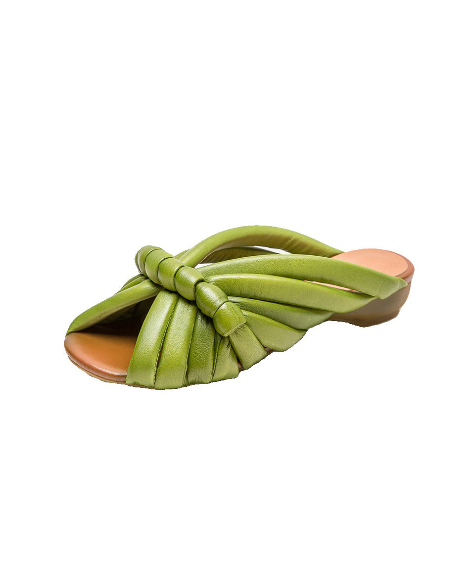 Handgemachte Peep Toe Slide Sandalen aus grünem Rindsleder