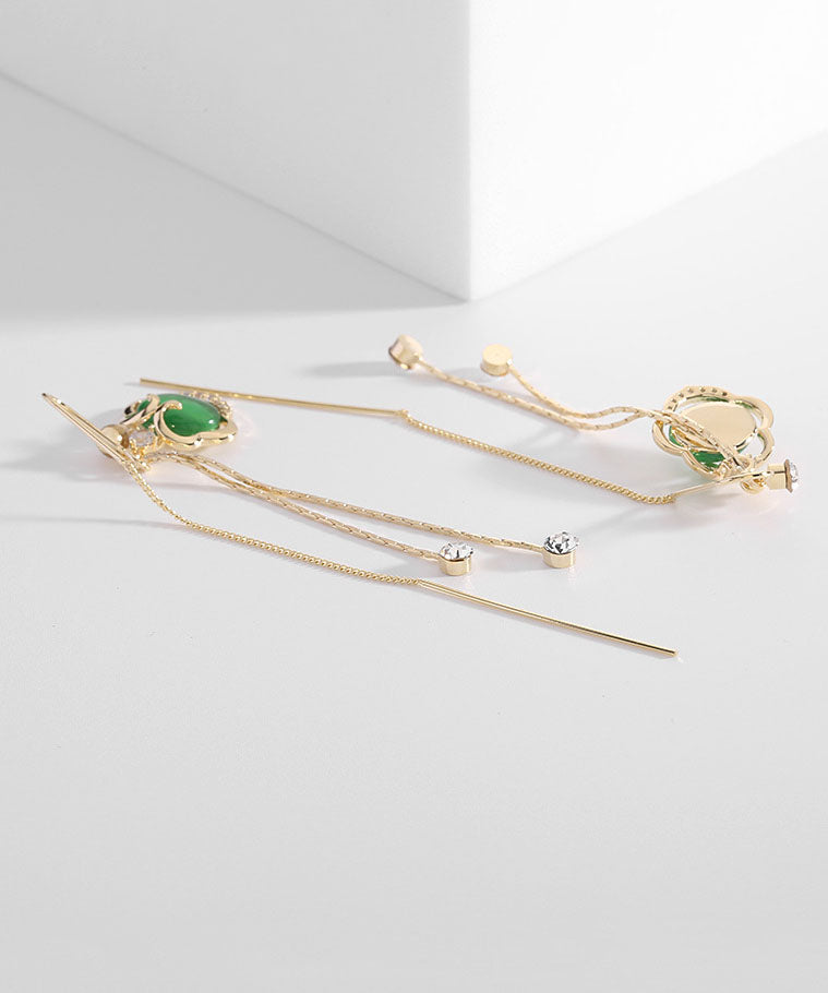 Handmade Green Gem Stone Auspicious Clouds Copper Drop Earrings