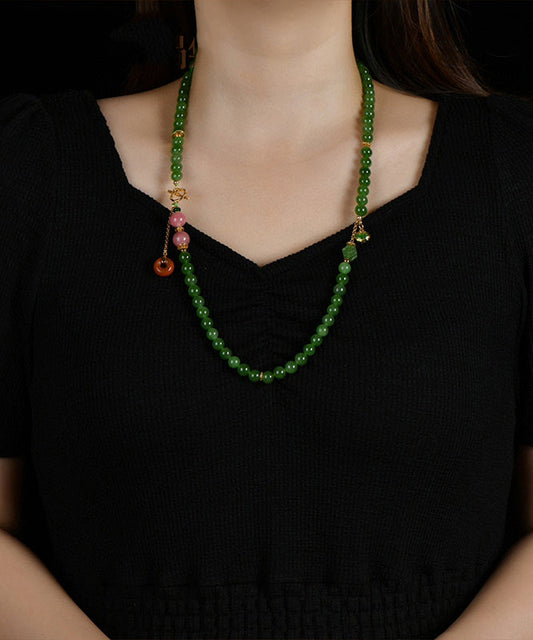 Collar de lazo de ágata de jade dorado en plata de ley verde hecho a mano