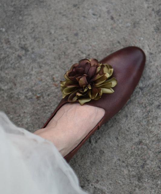 Handmade Grey Cowhide Leather Splicing Floral Flat Shoes
