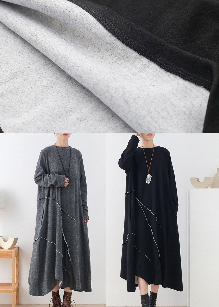 Handmade Grey Loose Asymmetrical Design Fall Long Sleeve Holiday Dress - SooLinen