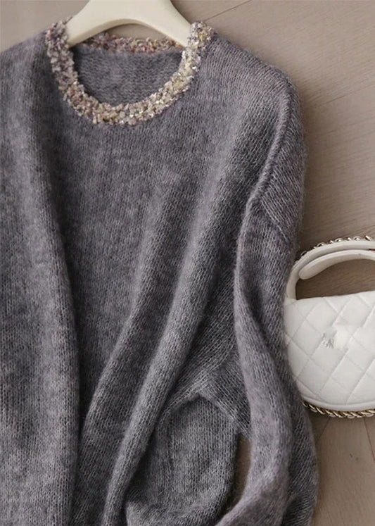 Handmade Grey O Neck Sequins Patchwork Cashmere Knit Pullover Spring