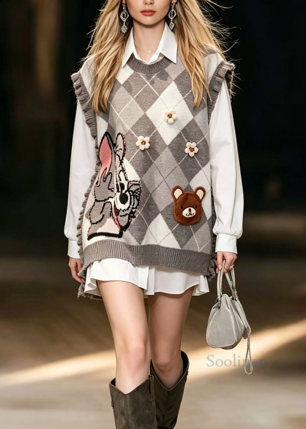 Handmade Grey Ruffled Jacquard Patchwork Knit Vest Sleeveless