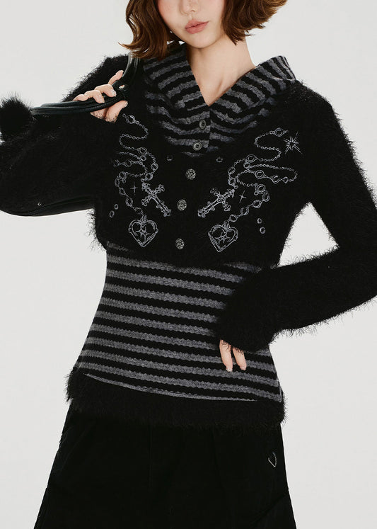 Handgefertigter grauer, gestreifter Patchwork-Strickpullover im Zweiteiler-Look für den Winter