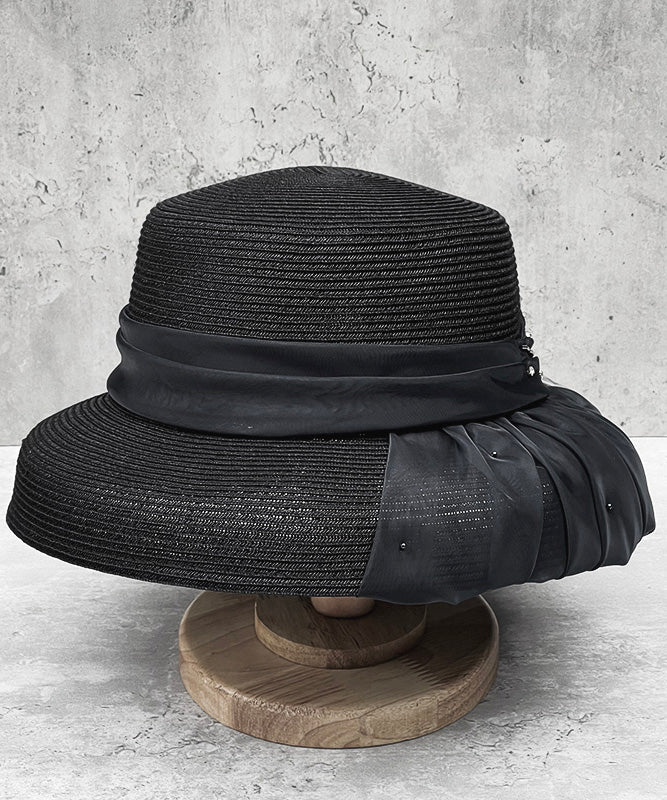 Handmade Grey Tulle Zircon Straw Woven Floppy Sun Hat