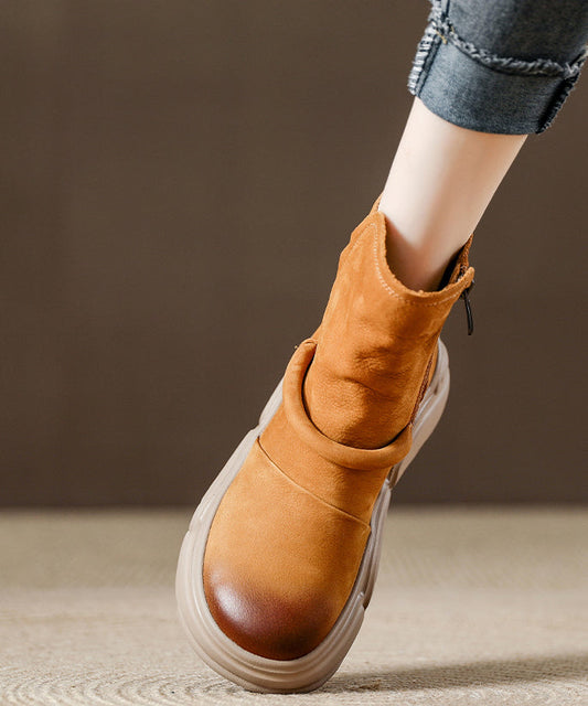 Botas de plataforma con empalme de piel de vaca color caqui hechas a mano