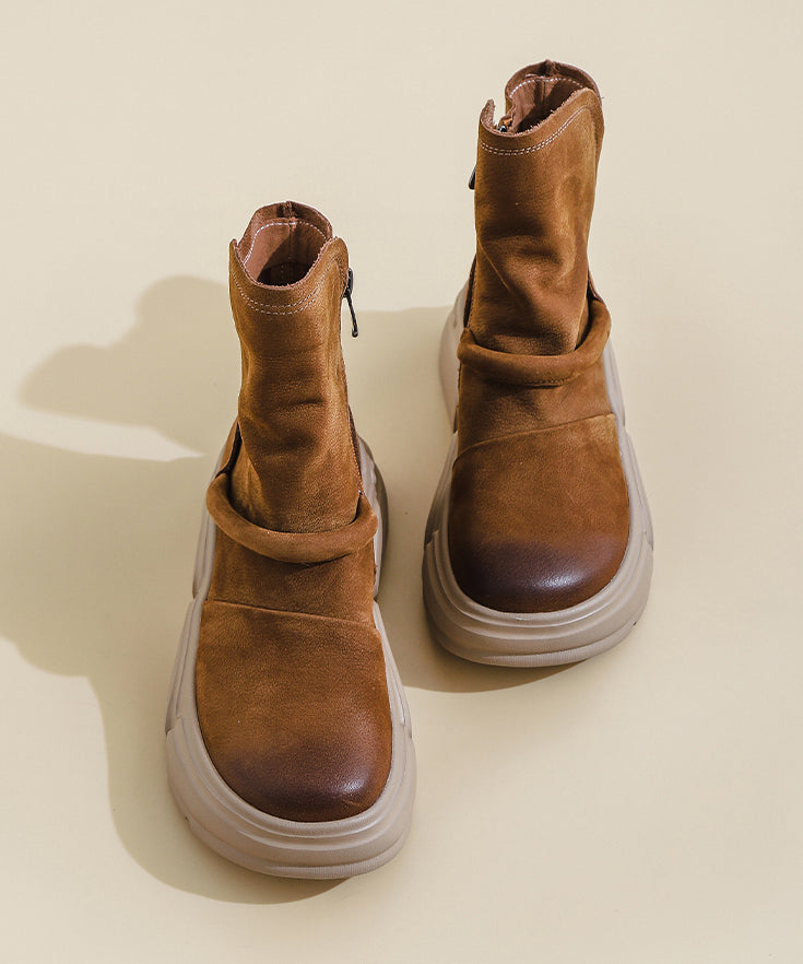 Handgefertigte Plateau-Stiefel aus khakifarbenem Rindsleder mit Ziernähten