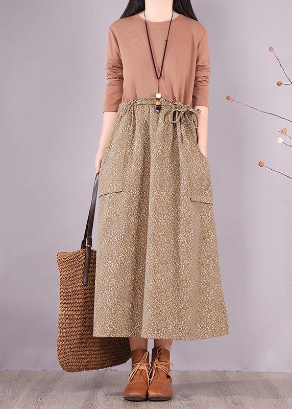 Handmade Khaki Patchwork Print Tunics For Women O Neck Plus Size Spring Dress - SooLinen