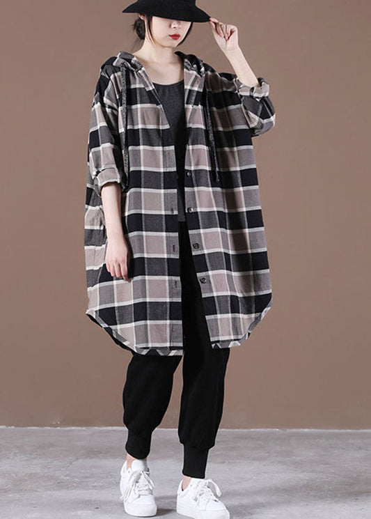 Handgemachtes Khaki Kariertes Kapuzen-Kordelzug-Knopf-Herbstshirt