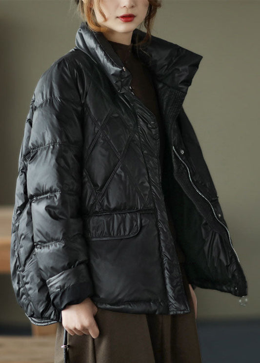 Handmade Khaki Stand Collar Zippered Loose Drawstring Winter Down Jacket